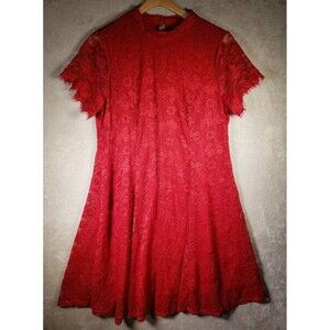 Torrid Skater Dress Womens Sz 1X (14-16) Short Sleeve Red Lace Overlay Elastic